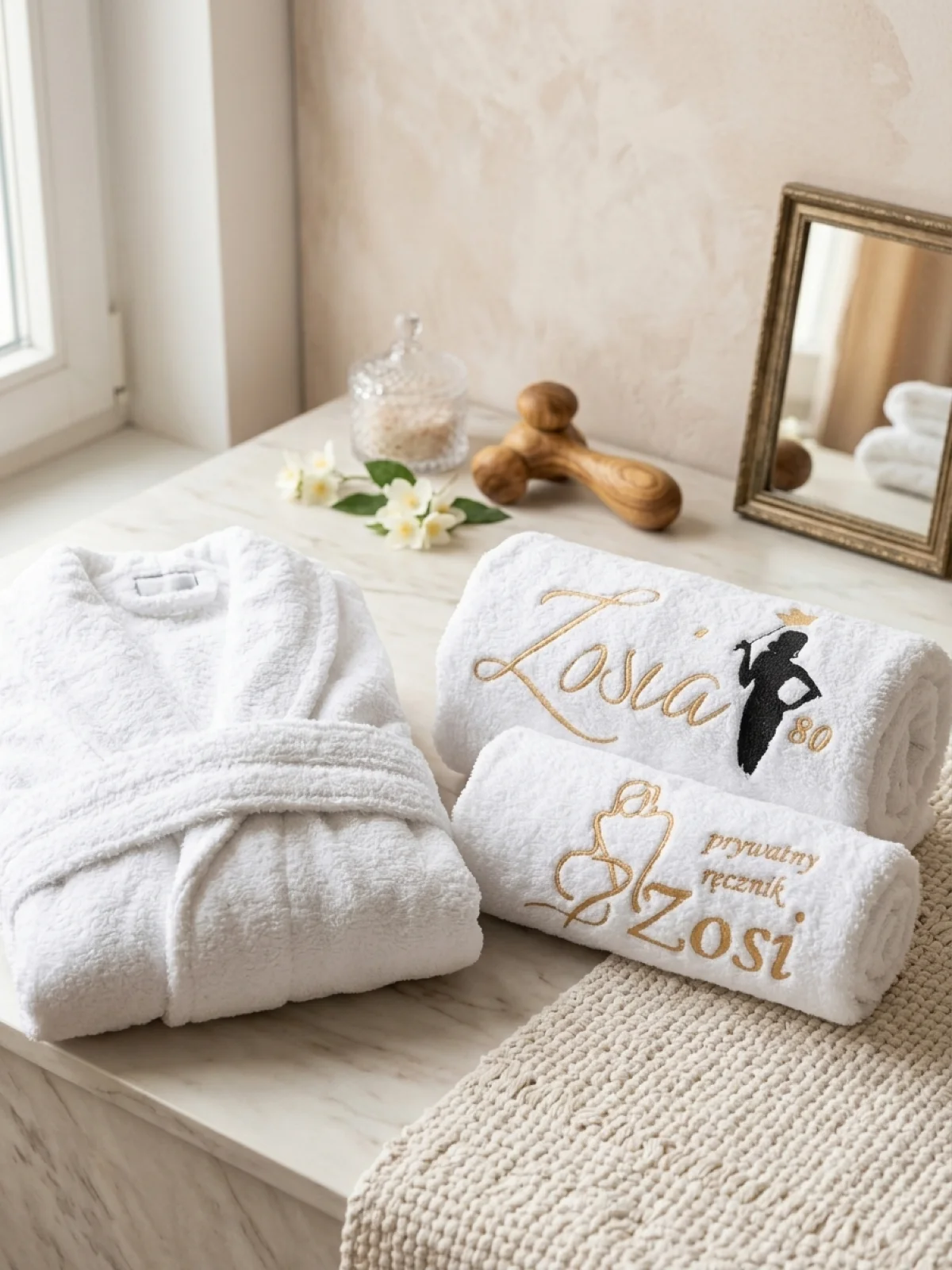 Zestaw SPA dla jednej osoby: szlafrok z monogramem, 2 ręczniki z haftem i kosz — ujęcie 5 z 5