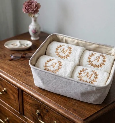 Realizacja haftu — haft, Elegancki zestaw ręczników z monogramem